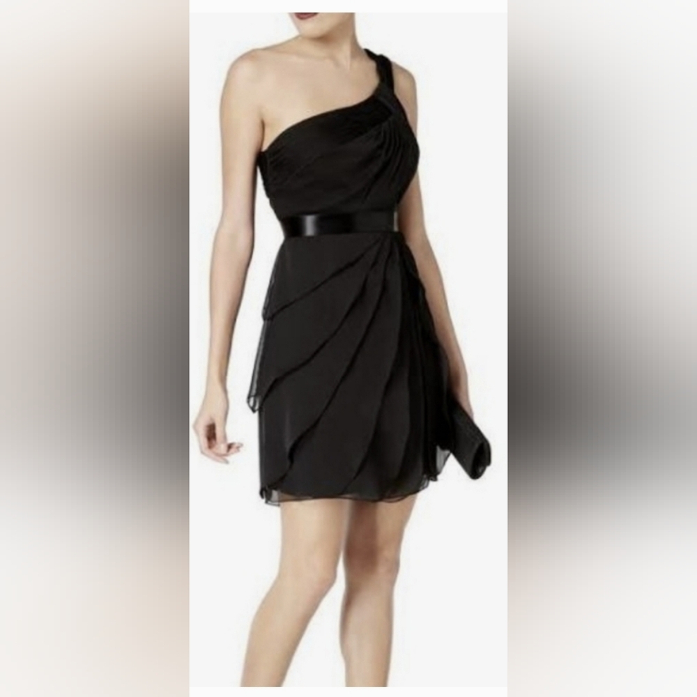 Adrianna Papel black mini dress one-shoulder chiffon tiers sz 10 NWT